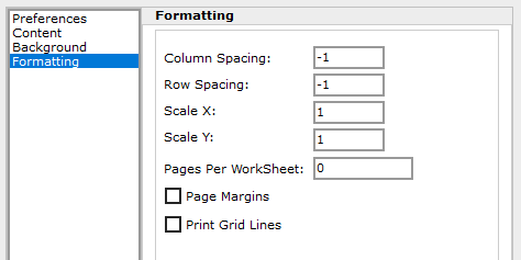 The Formatting screen in the Excel Setup dialog
